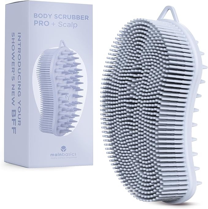 MainBasics Silicone Body Scrubber – Dual-Sided Shower & Scalp Scrubber, Gentle Silicone Loofah Alternative for Deep Clean (Frosted Sky, Scalp)