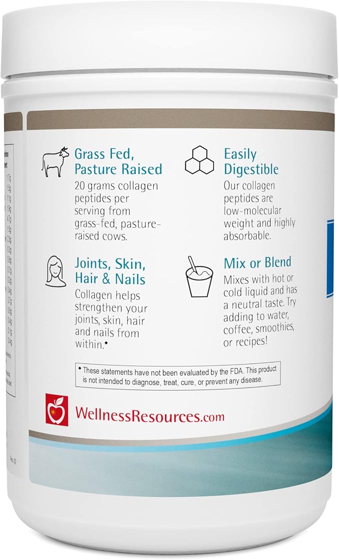 Wellness Resources Collagen Peptides - Pasture Raised, Grass Fed 100% Collagen Protein - Hydrolyzed Type I and III Collagen Peptides Powder, Unflavored (500 Grams/ 17.6 Ounces)