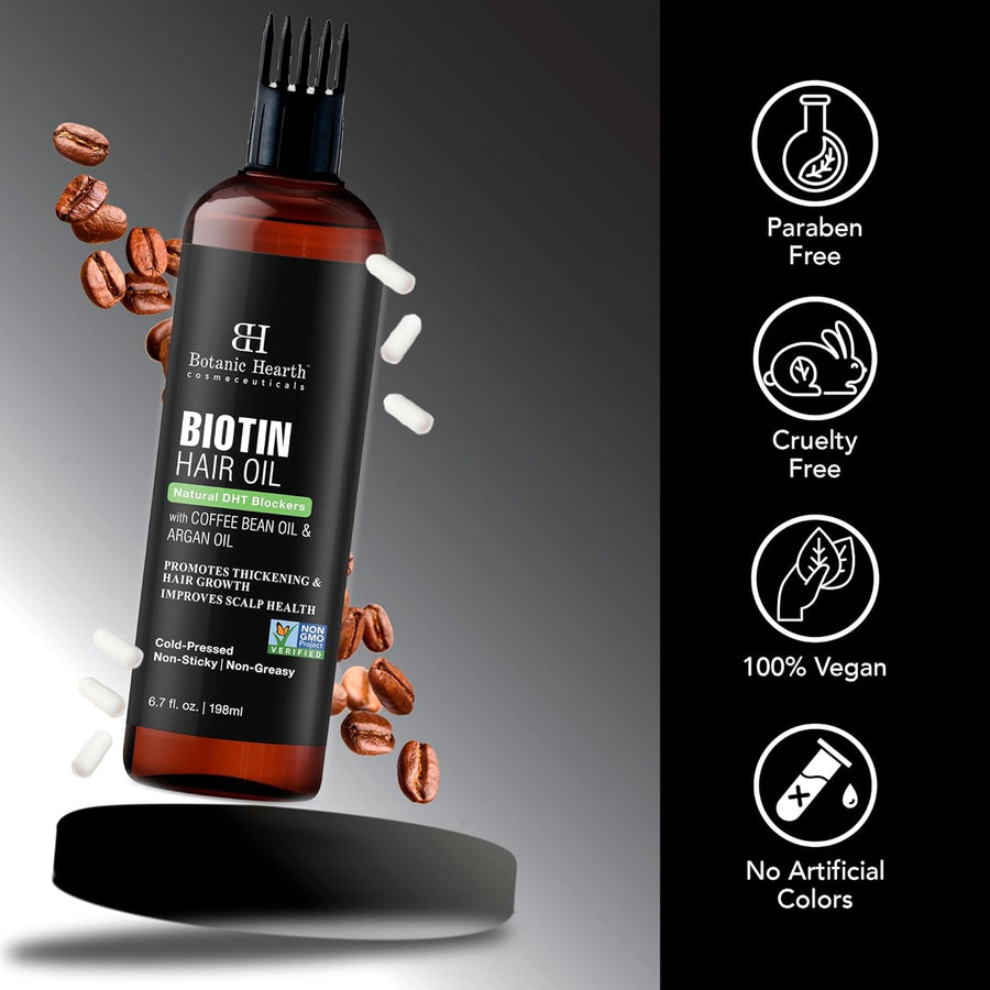 Botanic Hearth Biotin Hair Oil For Hair Growth (6.7 Fl Oz) | Infused With Coffee Bean Oil & Argan Oil | Hair Strenghtening Treatment | Nourishing & Volumizing | Non Gmo Verified