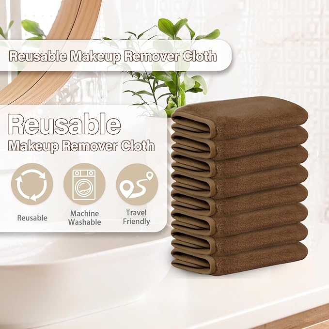 Nugilla Makeup Remover Cloths, 8 Packs Makeup Remover Towels Reusable Face Wash Cloth, Soft Makeup Remover Microfiber Face Cloth for Women(Brown)