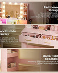 COMHOMA Vanity Desk with Lighted Mirror and Power Outlet, RGB LED Lights Makeup Vanity Set for Girls, Large Storage Capacity Dressing Table for Bedroom, 3 Lighting Modes Adjustable Brightness, Pink