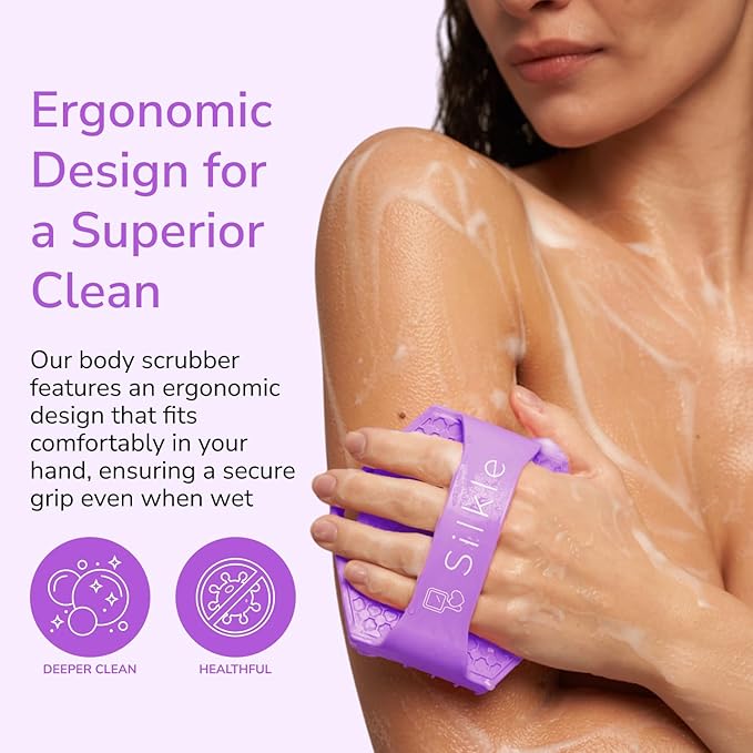 Silicone Body Scrubber - Exfoliating Bath Brush and Skin Cleanser - Shower Sponge for Gentle Body Scrub and Wash - Silicone Scrubbing Care Tool for a Refreshed and Renewed You - Purple