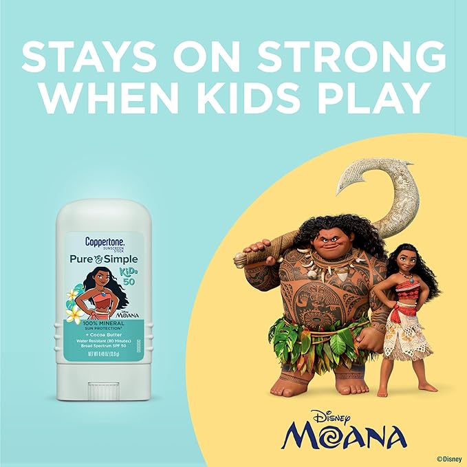 Coppertone Pure and Simple Kids Exclusive Disney Moana Sunscreen Stick SPF 50, Hypoallergenic, Mineral Sunscreen for Kids, Water Resistant, Oxybenzone and Octinoxate Free, 0.49 Oz Stick