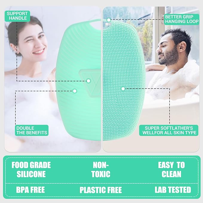 Zinc Infused Silicone Body Scrubber for Shower,Food-Grade Handheld Cleansing Skin Brush, Gentle Exfoliating and Lather Well - Green