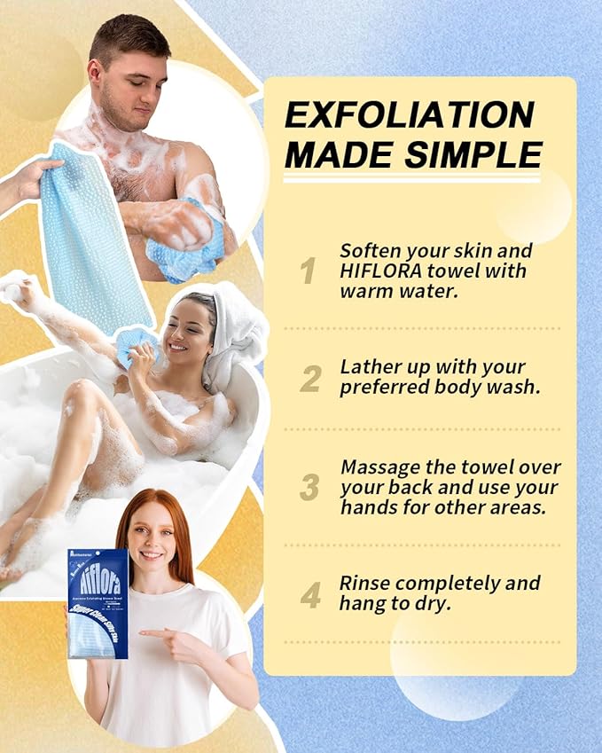 3D Wave Weave Japanese Exfoliating Washcloth, Long Exfoliating Back Scrubber for Shower, Hygienic Body Scrub Towel, Korean Style, Aqua (Normal)