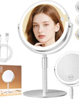 Lighted Makeup Mirror with Magnification (1X/10X), 8" Round Magnifying Vanity Mirror with Lights, Cordless Double Sided Light Weight Aluminum Alloy - Gifts Idea