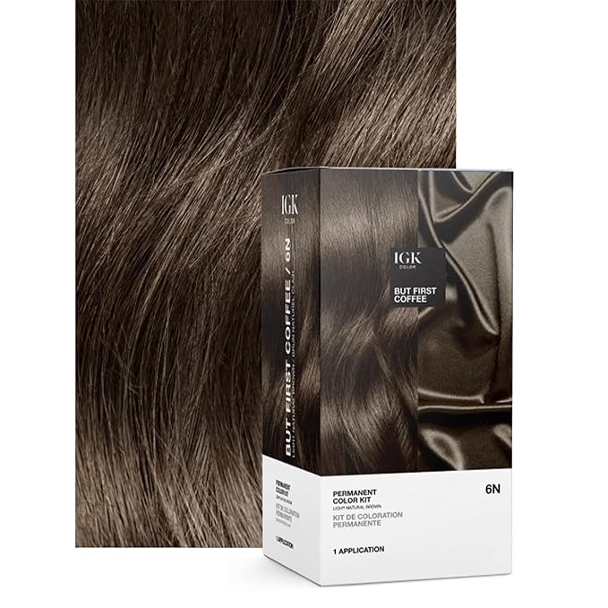 IGK Permanent Hair Dye Color Kit | 6N But First Coffee - Light Natural Brown | 100% Gray Color Coverage + Strengthen + Shine | Ammonia Free