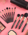 OMANIAC Makeup Brush Set Professional, 12 Pearlescent Wood Handle Makeup Brushes, Premium Cruelty-Free Synthetic Fiber Hair, Travel Make up Brushes Set with Case (Black).