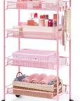 TOOLF 4 Tier Rolling Utility Cart - Durable Metal Design Pink Utility Cart, Storage Trolley on Wheels with 3 Hooks, Perfect for Kitchen, Bathroom & Laundry Room Organization