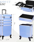 5 in 1 Professional Makeup Train Case Aluminum Cosmetic Case Rolling Makeup Case ExtraLarge Storage Organizer with Key Swivel Wheels Salon Barber Case for Make Up Nail Hairstylists, Blue
