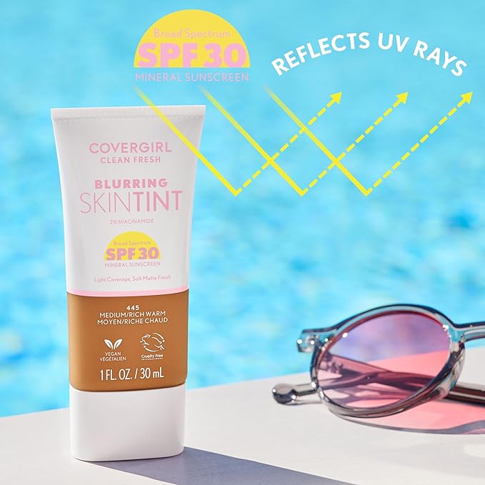COVERGIRL Clean Fresh Blurring Skin Tint with SPF 30, 445 Medium/Rich Warm, Liquid Foundation, Soft Matte Finish, Smooths, Brightens, Blurs Pores, Mineral Sunscreen, Vegan Formula