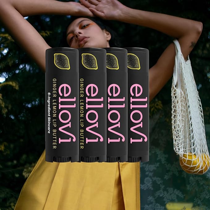 Ellovi Natural Lip Butter Lip Balm - Ginger Lemon - Pure Enough to Eat - Made With Just 6 Vegan Ingredients - 100% Natural & Organic Moisturizing Lip Care for All Day Hydration (4-Pack)