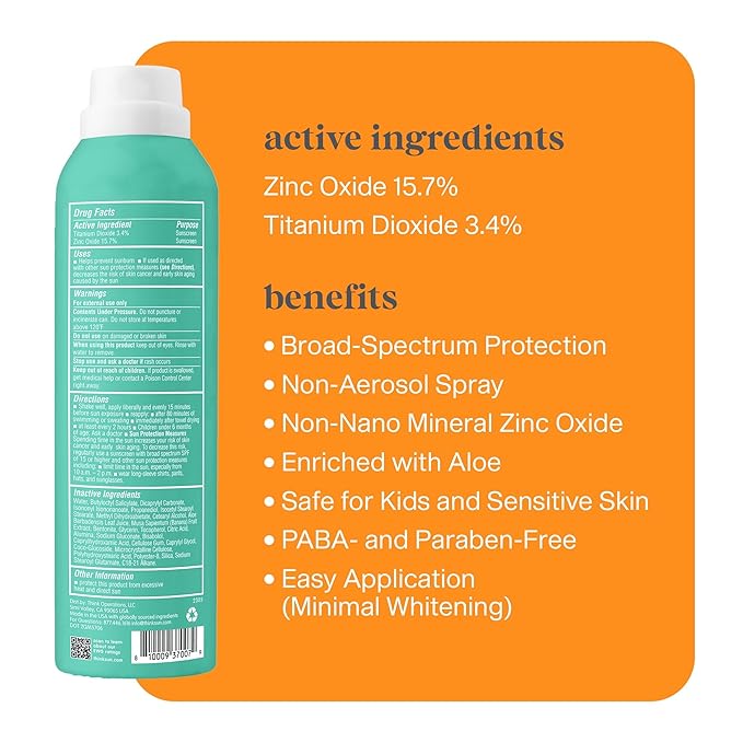 Thinksport Kids Sunscreen Spray, SPF 50 All Sheer Mineral Sunscreen, 6 Fl Oz, Water Resistant Baby & Toddler, Natural Zinc Oxide UVA/UVB Protection