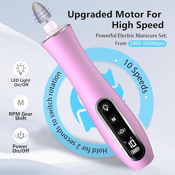 Electric Nail File Drill, Cordless 2000 mAh Rechargeable Nail Filer Electric, Portable Nail Dril 10 Speeds Professional Machine Drill for Nails Acrylic Manicure and Thick Toenails Grinder