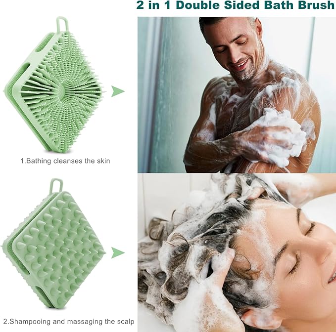 Silicone Body Scrubber, Silicone Loofah Double-Sided Body Brush,Silicone Shower Scrubber and Scalp Massager Shampoo Brush for Sensitive Kids Women Men All Kinds of Skin (Grass Green)