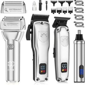 Hair Clippers for Men,4 in 1 Professional Hair Clippers T-Blade Trimmer Electric Foil Shaver Nose Hair Trimmer Set,Cordless Barber Hair Cutting Men’s Grooming Kit LCD Display Gifts (Silver)