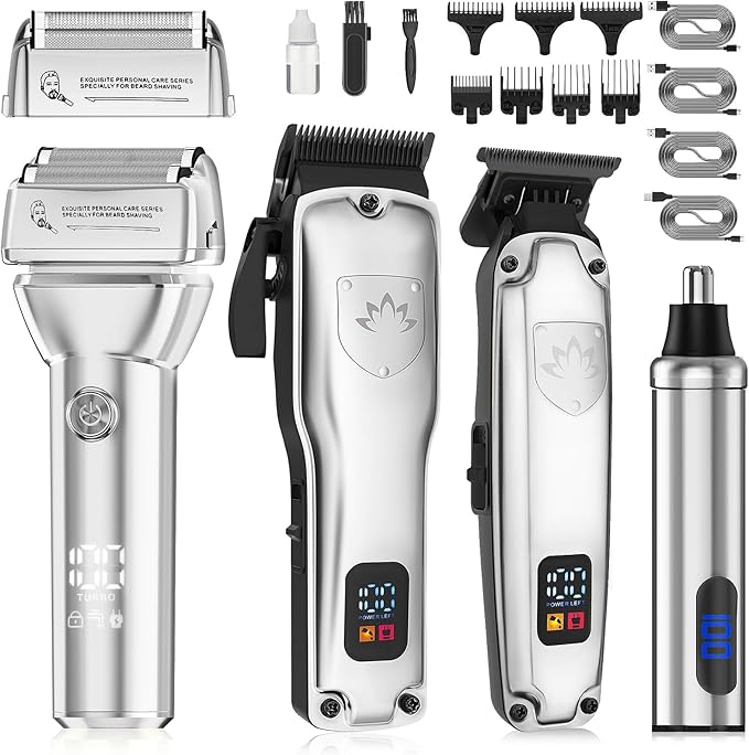 Hair Clippers for Men,4 in 1 Professional Hair Clippers T-Blade Trimmer Electric Foil Shaver Nose Hair Trimmer Set,Cordless Barber Hair Cutting Men’s Grooming Kit LCD Display Gifts (Silver)