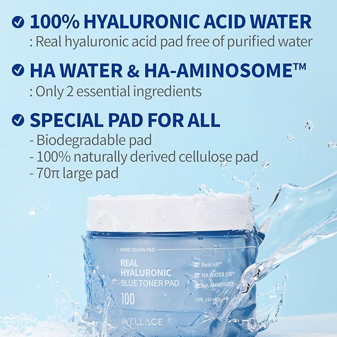 WELLAGE Real Hyaluronic Blue Toner Pad – Korean Toner Pads for Calming & Moisturizing with Hyaluronic Acid - Exfoliating Pads for Skin Smooth, K-Beauty Skincare, 70 Sheets
