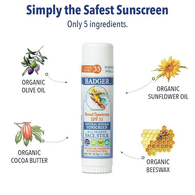 Badger Mineral Sunscreen Combo, SPF 30 Cream & SPF 35 Face Stick, Organic Ingredient with Mineral Zinc Oxide, Unscented Reef Safe Sunscreen Set, Broad Spectrum, Water Resistant, 2-Count