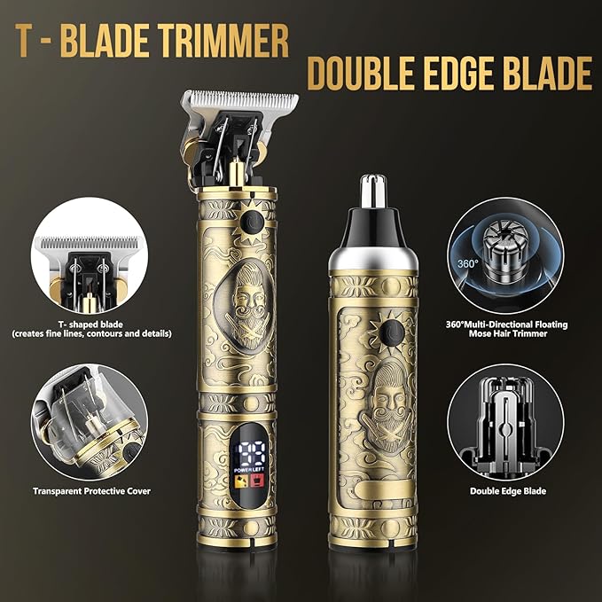 Professional Hair Clippers for Men,Cordless Barber Clippers and Trimmers Set,Beard Trimmer for Men，Electric Razor Foil Shavers for Ear, Face, Nose, Barber Kit with LCD Display (Bronze)