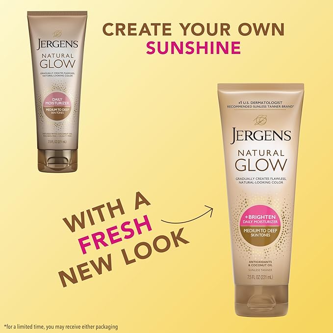 Jergens Natural Glow Self Tanner Body Lotion, Sunless Tanning, Medium to Deep Skin Tone, Daily Moisturizer with Coconut Oil, Vitamin E and Antioxidants, 7.5 Oz