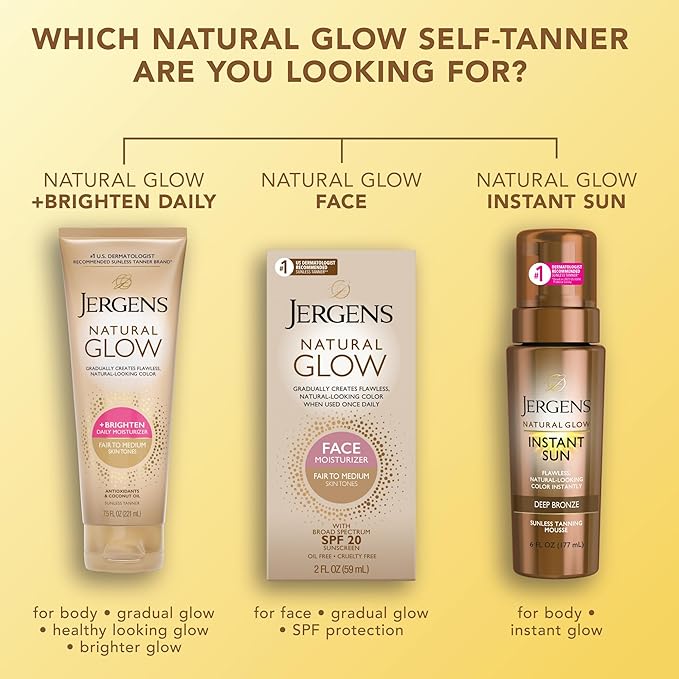 Jergens Natural Glow Self Tanner Body Lotion, Sunless Tanning, Fair to Medium Skin Tone, Daily Moisturizer with Coconut Oil, Vitamin E and Antioxidants, 7.5 Oz