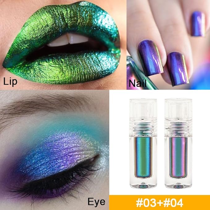 Duochrome MultiChrome Chameleon Liquid Metallic Eyeshadow 2 Pcs Set, Green Purple Blue High-Impact Multi-Dimensional Finish, Silky Smooth and High Pigment Holographic Glitter Eyeshadow Makeup (Set02)