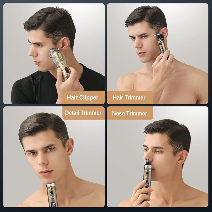 Suttik Hair Clippers for Men Nose and Beard Trimmer Set of 3, Professional Cordless Barber Clippers for Hair Cutting Grooming Kit, Rechargeable, LCD Display