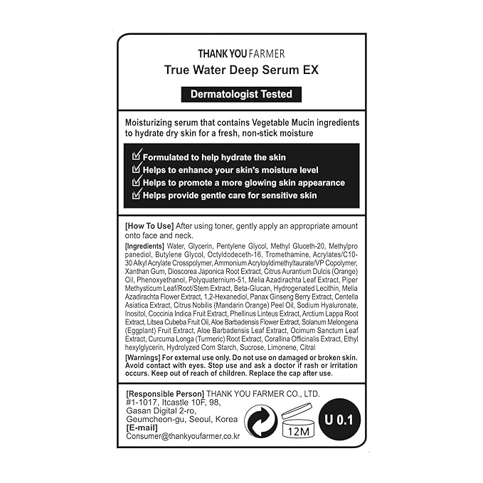 THANKYOU FARMER True Water Deep Serum EX 2.11 Fl Oz (60ml) - Korean Hyaluronic Acid Serum for Face, Phyto Mucin Essence, Hydrating Serum, Korean Serum, Dermatologist-tested