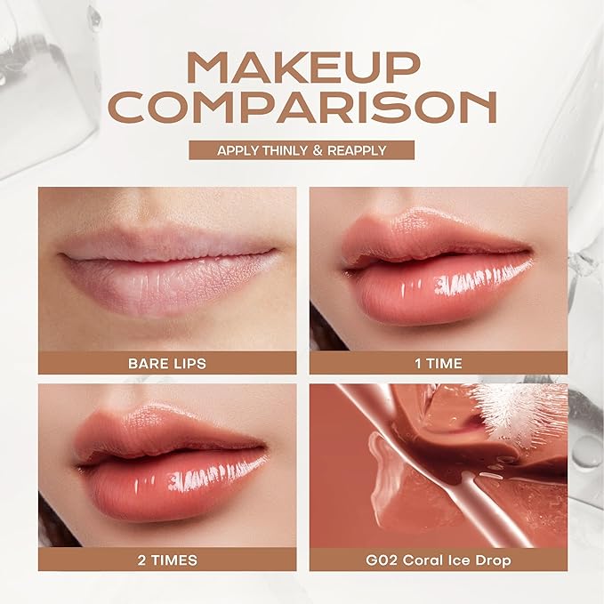 Mistine Lip Gloss Thai latte Long Lasting Lip Glaze Non-sticky Lip Tint Gloss with 1% Peptide Glossy Finish G02 Coral Ice Drop 0.1oz 1 Count