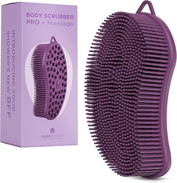 MainBasics Silicone Body Scrubber – Dual-Sided Shower Scrubber with Massage Nodes, Silicone Loofah Alternative for Deep Clean (Purple, Massage)