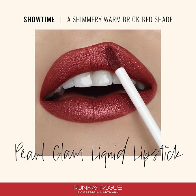 Runway Rogue Pearl Glam Long Wear Shimmer Liquid Lipstick, Metallic Warm Brick-Red Lipstick with Silver and Gold Shimmer, ‘Showtime’