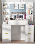 PAKASEPT Vanity Set with Lighted Mirror, 43'' Makeup Vanity with Charging Station, Vanity Desk with 9PCS LED Bulb, Storage Shelves, 7 Drawers for Bedroom(No Stool)