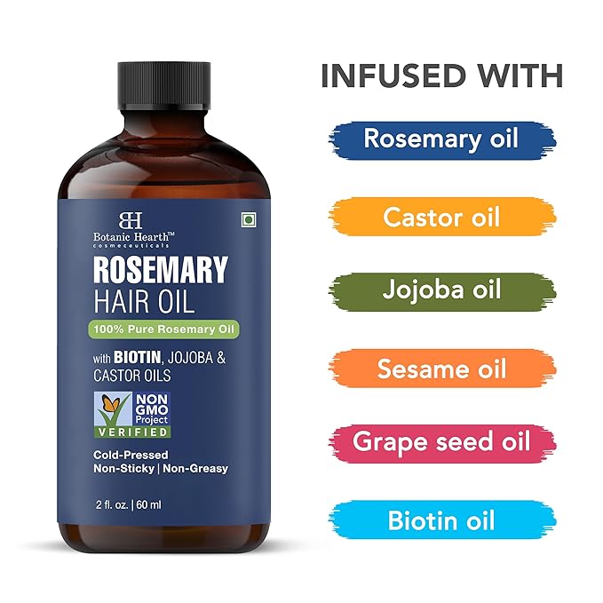 Botanic Hearth 100% Pure Rosemary Oil For Hair Growth Infused With Biotin, Jojoba & Castor Oil | Hair Oil Repairs Dry Damaged Hair, Strengthening, Healthier - Hair Tonic, 2.0 fl oz