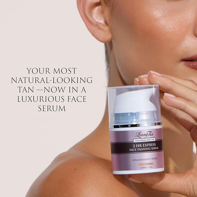 Loving Tan NEW 2 Hr Express Face Tanning Serum, Medium - Hydrating, Natural-Looking Glow Sunless Self Tanner, Dermatologist Tested, Lightweight, Naturally Derived DHA, Vegan & Cruelty-Free - 1 fl oz