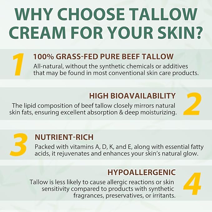 Beef Tallow for Skin 4.2 OZ - Suitable for Sensitive Skin, Grass Fed Tallow Deeply Nourishing for Face & Body. Whipped Tallow Cream and Honey Balm Face Moisturizer. tallow and honey balm
