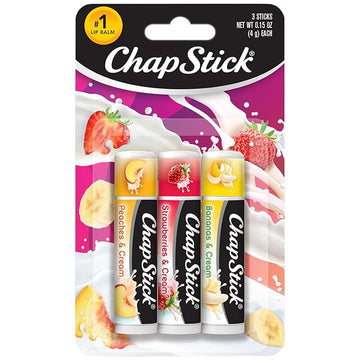 ChapStick Lip Balm Fruit & Cream 3-Pack Collection – Peach, Strawberry & Banana Flavors, 0.15 Oz Ea