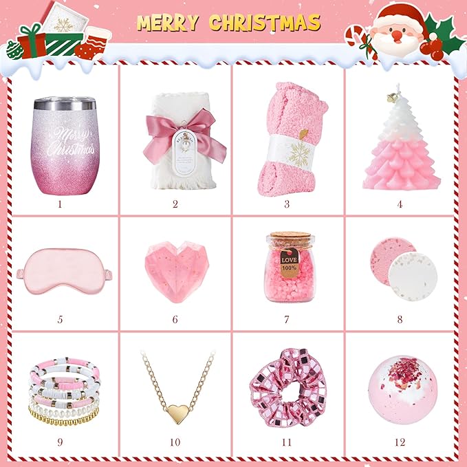 Advent Calendar 2025 Women-12 Days of Christmas Advent Calendars for Adult Women and Teen Girls, Luxury Spa Self Care Christmas Gifts Basket Countdown Calendar for Mom Wife Girlfriend Pink