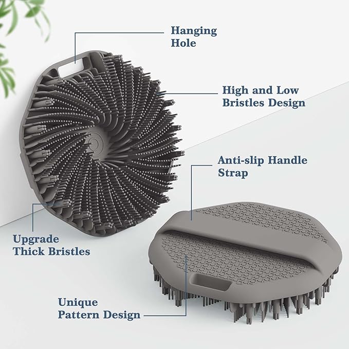 Manmihealth Silicone Handheld Manual Facial Cleansing Brush & Silicone Body Scrubber Shower Brush with Non-Slip Hand Strap Set 2 PCS, Deep Cleansing Face Body Scrubber with a Free Hook (Gray*2)