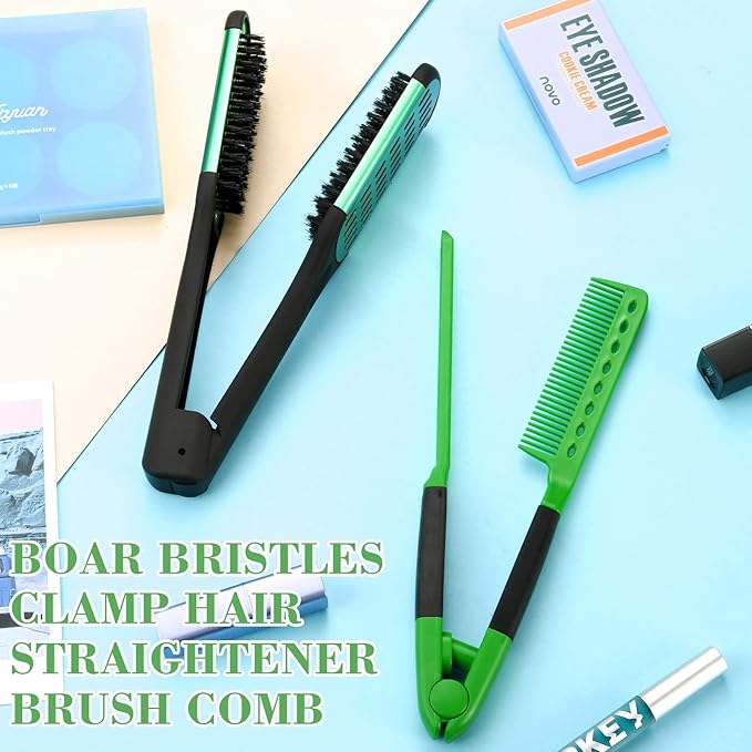 Chengu 2 Pcs Boar Bristles Double-Sided Brush and Flat Iron Comb for Hair Straightening, Styling, and Detangling Knotty Hair (Black, Green)