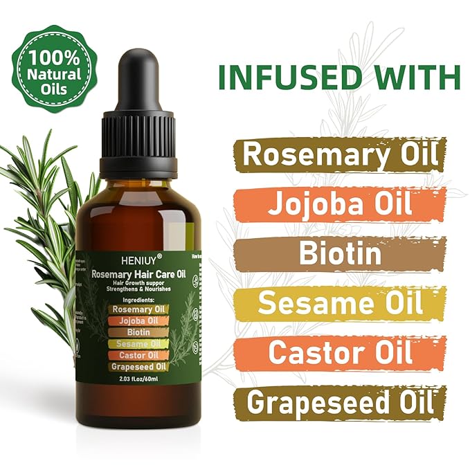 Pure Rosemary Oil Blended with Castor, Sesame, Jojoba and Grapeseed Oils to Promote Hair Growth, Biotin and Strengthen Hair, Dark Glass Bottle with Dropper 2Fl Oz