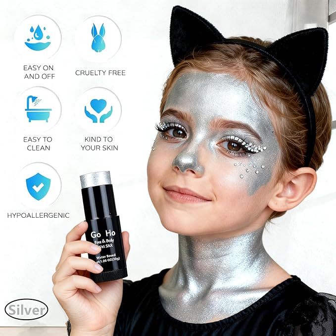 Go Ho Pearl Silver Face Body Paint Stick,Water Based Washable Face Paint Stick,Non-toxic Full-coverage Cream Silver Body Paint for Adults Children Halloween Cosplay SFX Makeup
