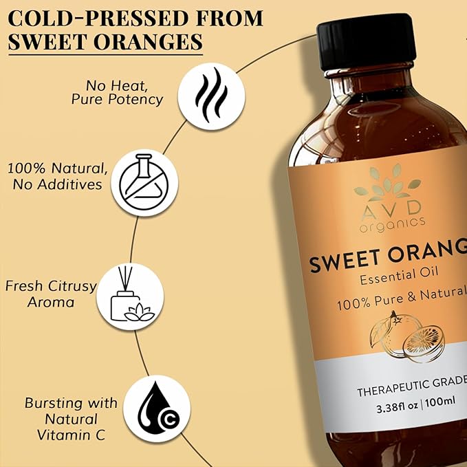 Sweet Orange Essential Oils for Skin | Pure Natural Cold Pressed & Undiluted Sweet Orange Oil |Use in Aromatherapy Diffusers for Mood Lifting | 3.38 fl. Oz