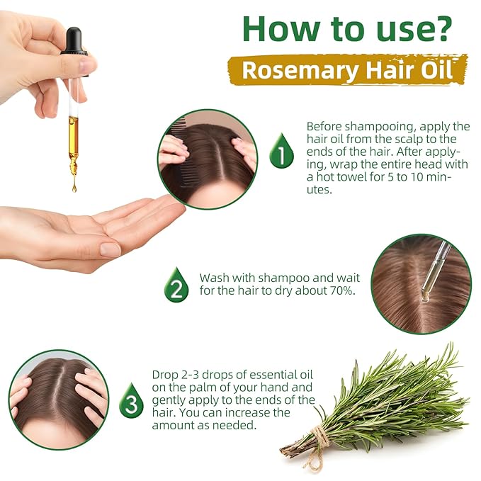 Pure Rosemary Oil Blended with Castor, Sesame, Jojoba and Grapeseed Oils to Promote Hair Growth, Biotin and Strengthen Hair, Dark Glass Bottle with Dropper 2Fl Oz