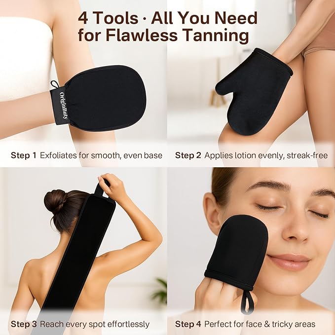 4 Pack Self Tanning Mitt Applicator Kit,Tanning Glove for Self Tan Mitt,Self Tanner Back Applicator,Mini Tan Mit, Exfoliating Mitt, for Sunless Streak-Free Fake Tanning