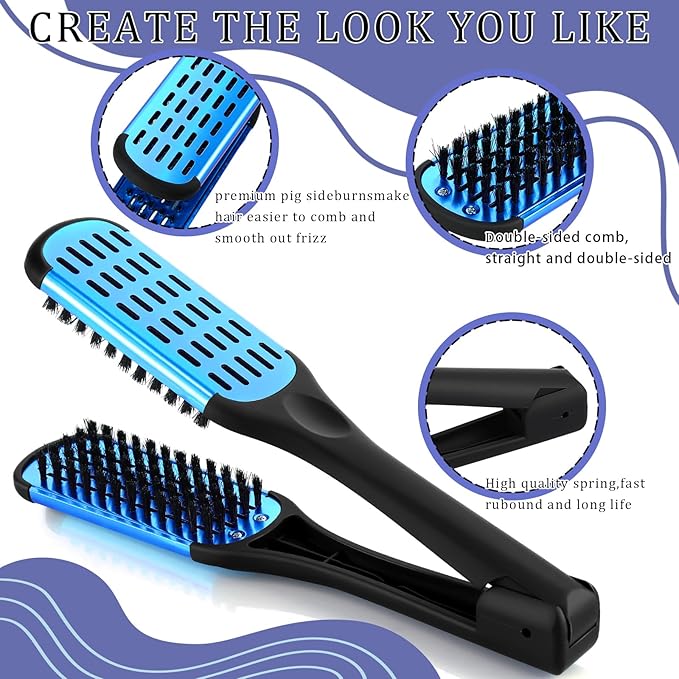 CHENGU 2 Pcs Straightening Comb For Hair, Boar Bristles Clamp Double Sided Brush Hair Straightening Brushes Comb Flat Iron Styling for Knotty Unkempt(Blue, Black)