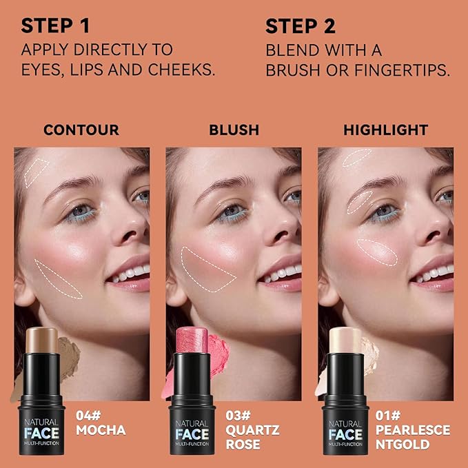 3Pcs Cream Contour Stick Makeup Kit, Shades with Highlighter, Blush and Bronzer Contour Stick for Sculpt the Cheeks, Long Lasting, Waterproof, Matte & Dewy Finish LIGHT(1+3+4)