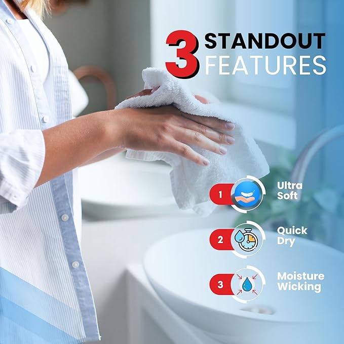 Infinitee Xclusives Luxury Wash Cloths for Showering [13x13] – 100% Cotton Washcloths [Pack of 12], Soft and Absorbent Face Towels for Bathroom Wash Clothes, Gym, and Spa (Brilliant White)