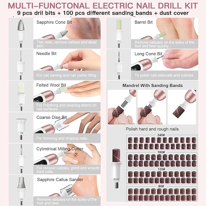 Electric Nail File Set, 9 in 1 Professional Manicure and Pedicure Kit, Cordless Nail Drill for Feet, LCD Display 10 Speeds Electric Nail Drill Machine, Hand Foot Care Tool
