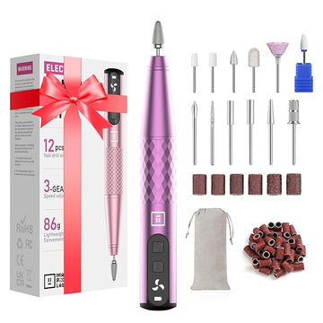 Mfish Professional Nail Drill Kit, Electric Nail File for Acrylic/Gel Nails,12 Bits, Adjustable Speeds, Portable Cordless Electric Nail Tools for Home & Salon Use